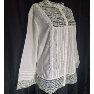 Womens White Top Romantic Cottage Fairy Sheer Lace Button down High neck Sz 16